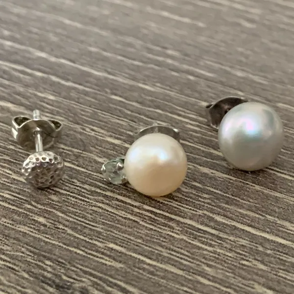 925 Sterling Cultured Pearl Single Stud Set Gorjana Carmel Hammered Gray Cream - Image 9