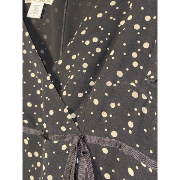 Vintage 100% Silk Black Cream Polka Dot Flutter Sleeve Midi Dress Size 8 - Image 4