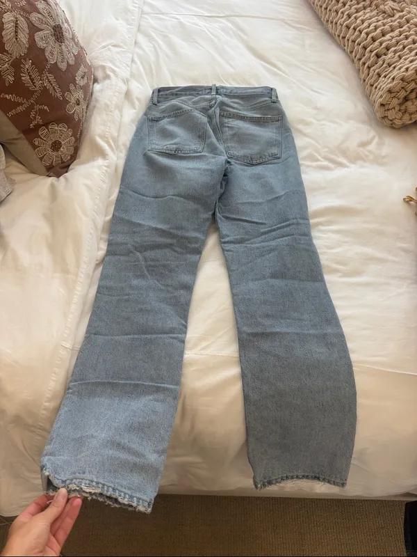 Agolde Light Blue Flare Jeans with Knee Rips - Image 4
