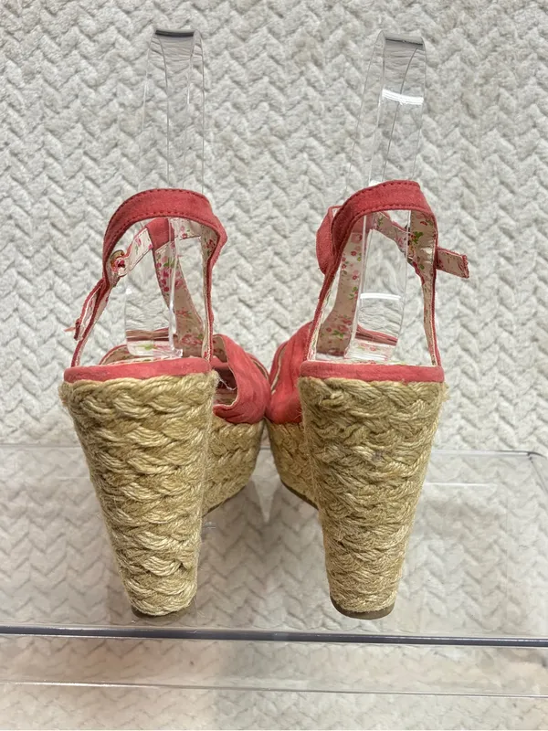 Bamboo Coral Red Espadrille Wedge Sandals 6 Floral T-Strap Cottagecore Y2K - Image 8