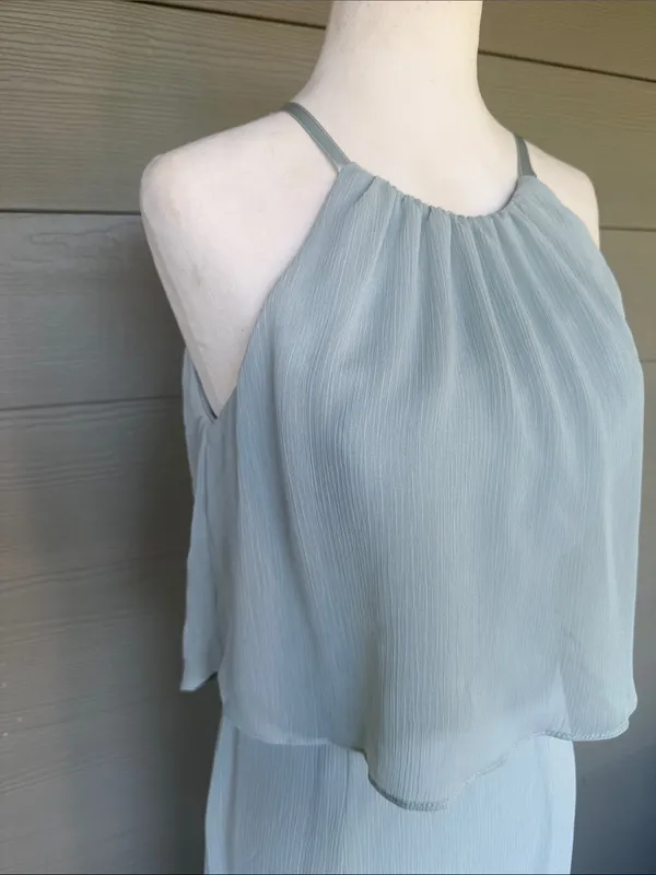 David’s Bridal Flounced Crinkle Chiffon Sheath Bridesmaid Dress in Dusty Sage - Image 2