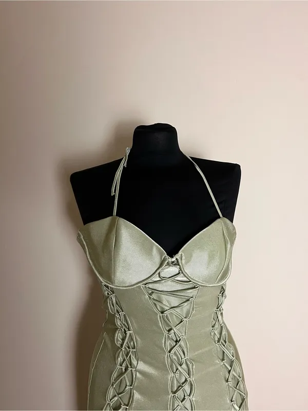 ASOS Sage Green Lace-Up Satin Halter Dress NWT - Image 2