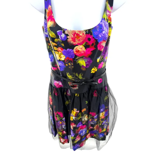 Milly Natalie Floral Cocktail‎ Dress Black Multi Tulle Skirt Bow Belt 10 NEW - Image 3