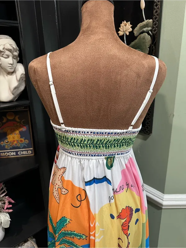 Tropical Spaghetti Strap Maxi Dress – Size Small Blue - Image 7