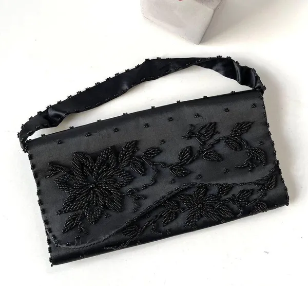 Vintage Walborg Richere Hand Beaded Evening Bag Purse Black Clutch Satin Glam - Image 10