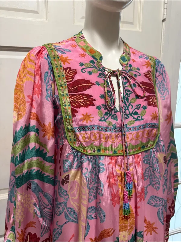 Fruits Queen Scarf Midi Dress Floral Bohemian Long Sleeve Size Medium - Image 9