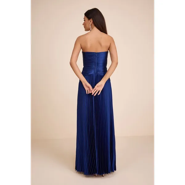 Lulus Elkay Navy Blue Pleated Satin Drop Waist Maxi Dress Formal Glam XS NWT - Image 4