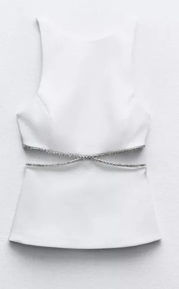ZARA NWT viral TIK TOK White Jeweled Rhinestone Embellished Cutout Top XL - Image 3