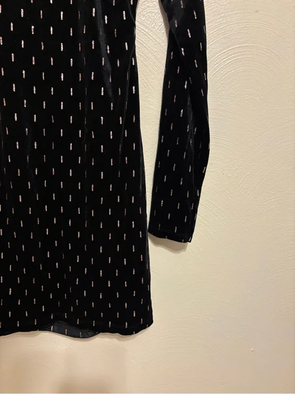 Emerald Sundae Black Velvet Long Sleeve Mini Dress with Silver Dot Detail - Image 7