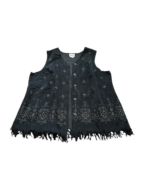 Vintage Black Faux Suede Vest Fringe Hem Embroidered Boho Western Festival - Image 3