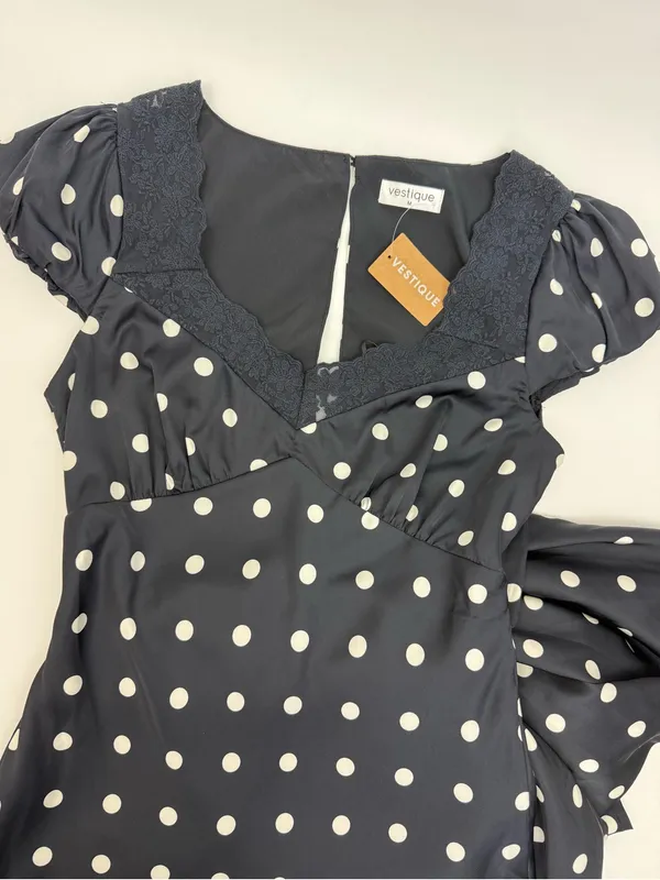 Vestique Mariselle Maxi Dress Polka Dot Lace Puff Sleeve Black White Satin - Image 7