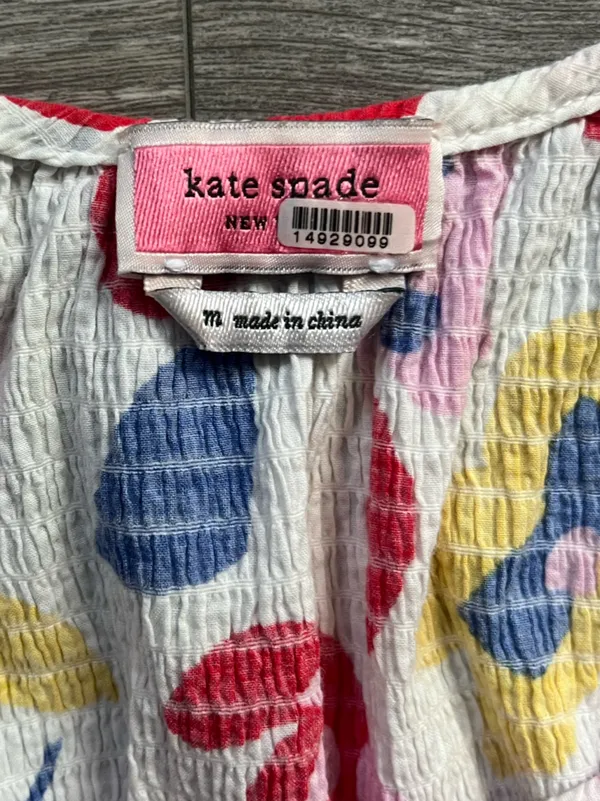 Kate Spade White Blue Floral Smocked Scoop Neck Puff Sleeve Cotton Blouse Size M - Image 4