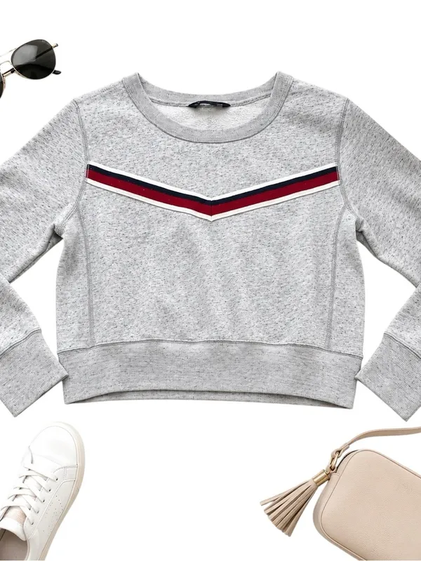 Abercrombie & Fitch Gray Cropped Fleece Sweatshirt Womens M Retro Stripe Y2K Top - Image 14