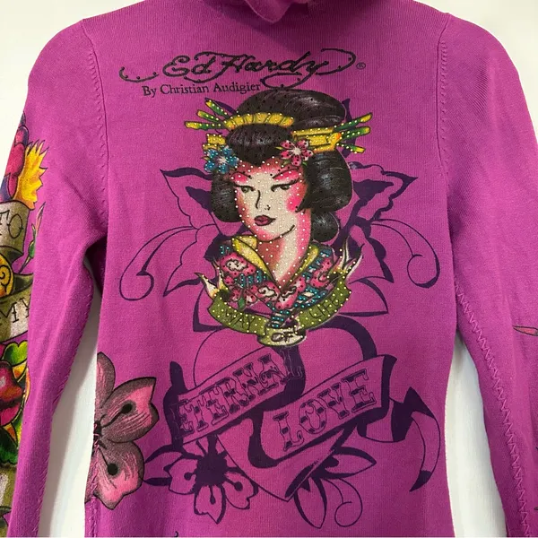 Ed Hardy Y2K Eternal Love Dagger Geisha Zip Front Hooded Cardigan Sweater XS - Image 7