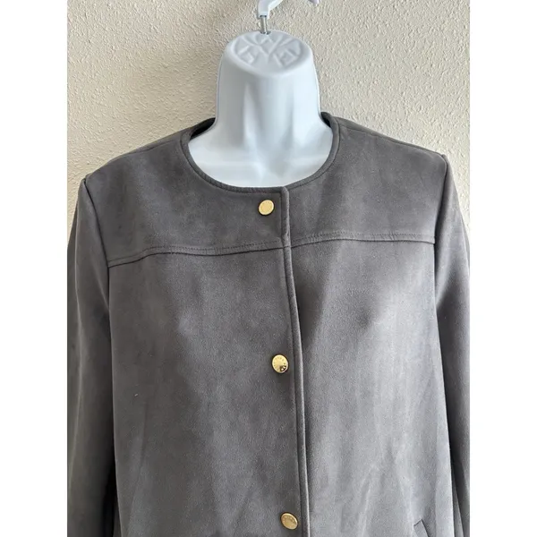 Marc New‎ York Women's Faux Suede Gray Trench Coat Gold Buttons Small - Image 3