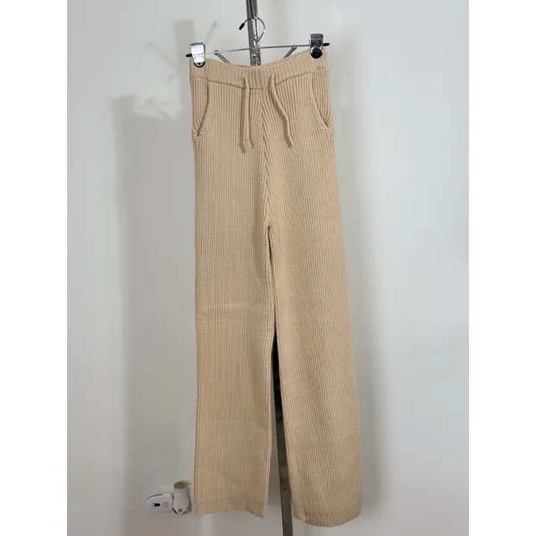 Athina Women’s Beige Pants 100% Viscose Ribbed Knit Wide Leg Drawstring Size S - Image 4