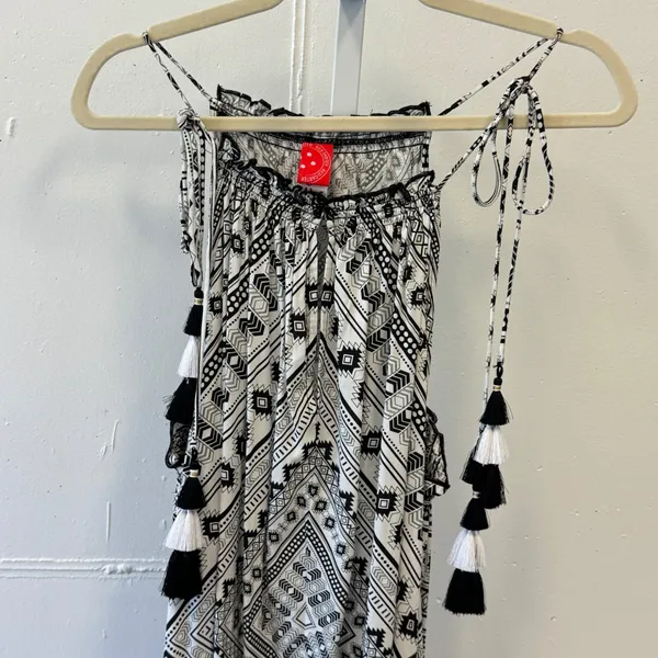 Red Carter Black White Geometric‎ Tribal Tassel Halter Maxi Dress US Large Boho - Image 3