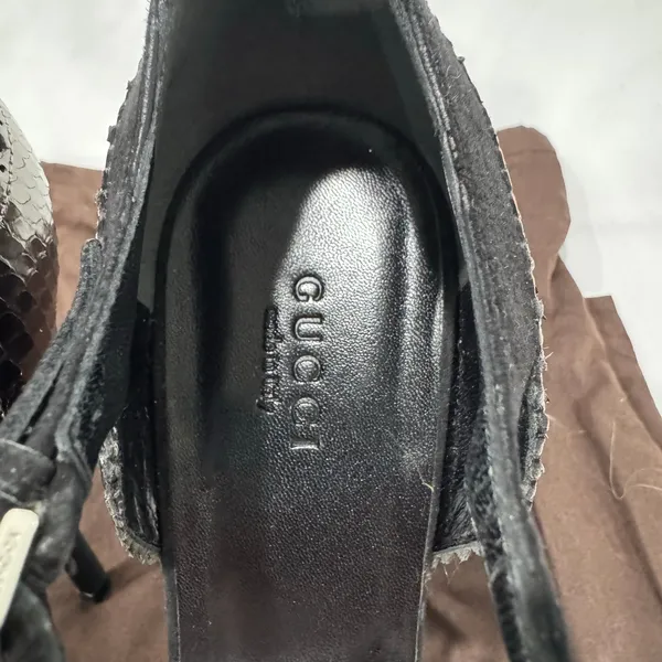 Gucci Black Suede Metallic Python Brogue Ankle-Strap Heels EU 39 - Image 7