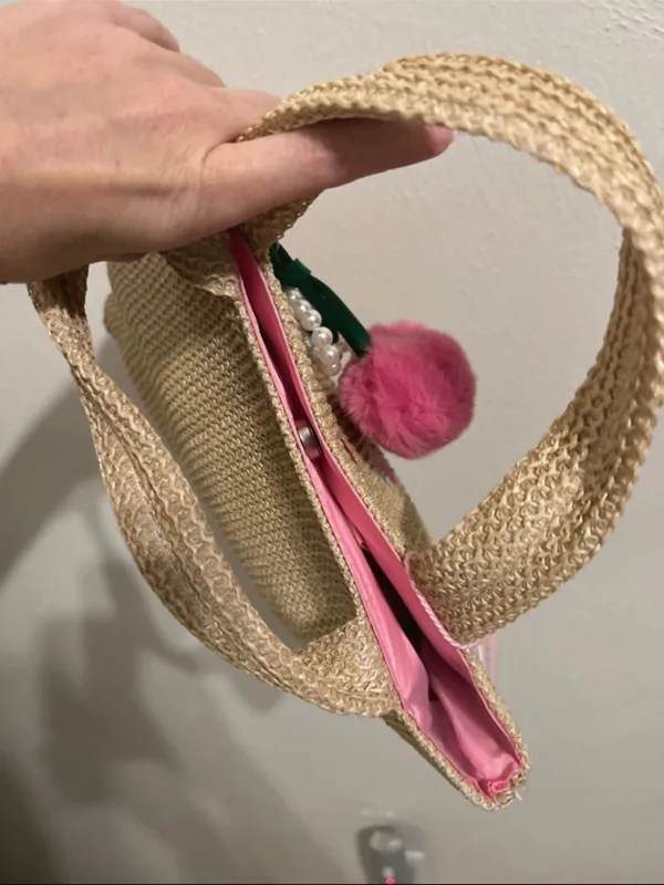NWT Straw Tote Bag with Pink Cherry Embroidery and removable bag charm - Image 5