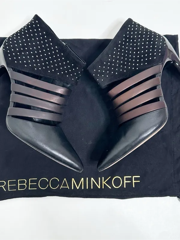 Rebecca Minkoff Caesar Studded Heels Black Leather & Suede Size 8 - Image 2