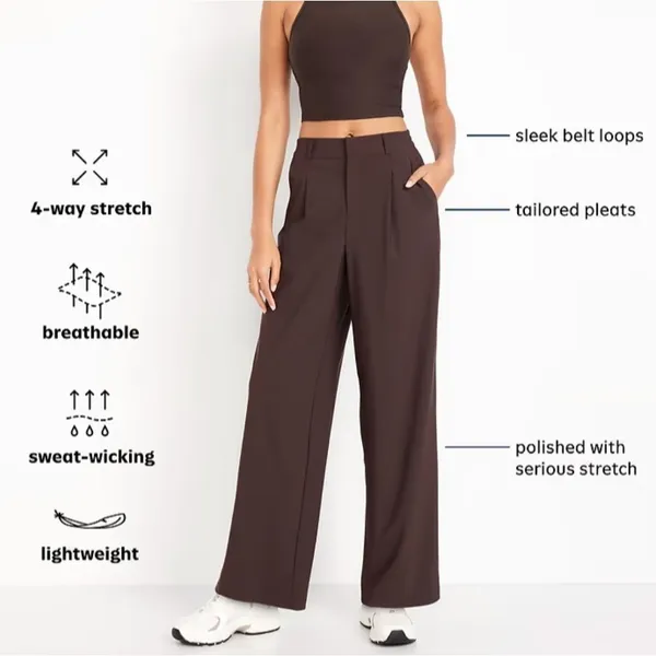 Old Navy Large T SleekTech High Waist Wide Leg Trousers Tan Khaki Pleated Pants - Image 3