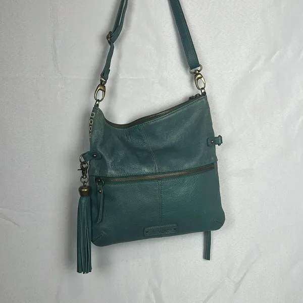Lucky Brand Teal Leather Foldover Crossbody Hobo Bag Boho Fringe Distressed - Image 12