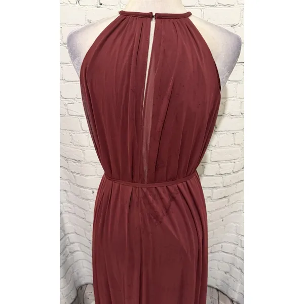 NWT David’s Bridal Soft Mesh Halter Bridesmaid Dress with Slim Sash Wine Maxi 8 - Image 6