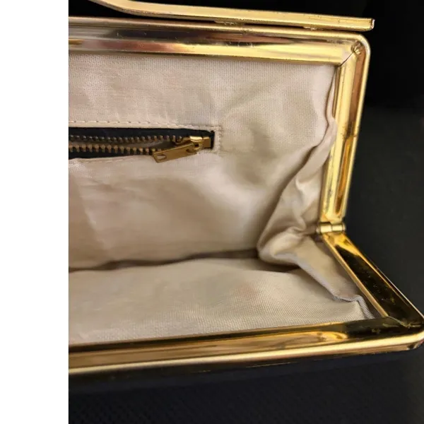 Vintage Black Satin Evening Clutch‎ Bag Gold Tone Frame Wavy Top Bar Formal - Image 3