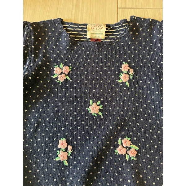 Susan Bristol Vintage Cottagecore Petite Blue Pink Sweater Top Hand Embroidered - Image 3