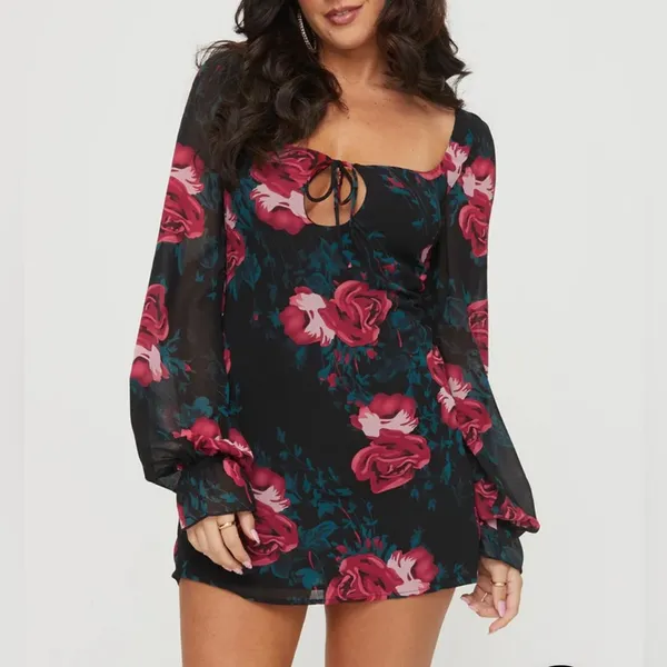 Princess Polly Bayford Long Sleeve Mini Dress Red Black Roses US Size 6‎ NWT - Image 3