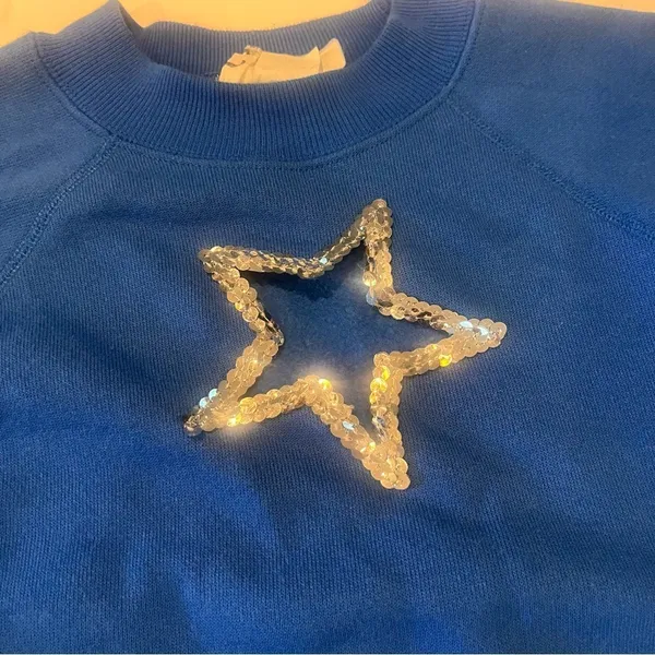 True Vintage OPEN TO SKIN Sexy Star Cutout Blue Sequin Top M - Image 5