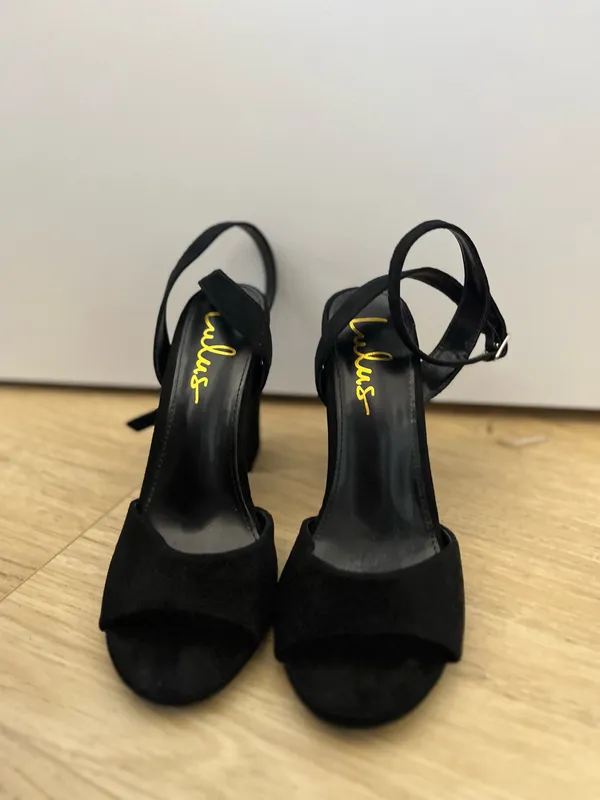 Lulus Black Suede Ankle Strap Heels open toe - Image 2