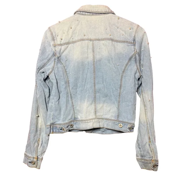 Jessica Simpson Women Large Pearl Embellished Distressed Denim Jacket Light Wash - Image 2