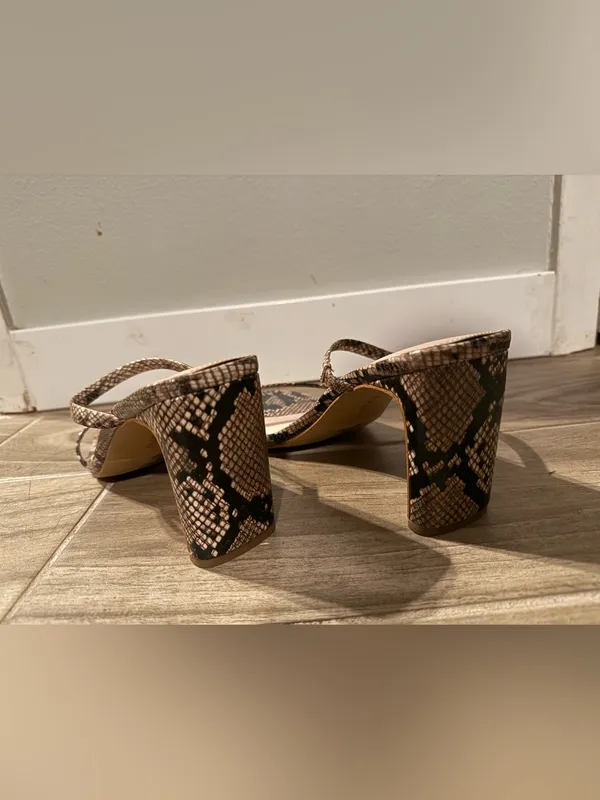 Snake-Print Strappy Block Heel Sandals in Beige/Black - Image 4