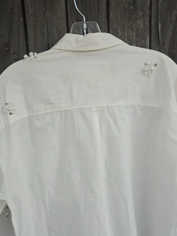 Maeve Embellished White Button-Up Shirt - Elegant Pearl Detail Size S - Image 6
