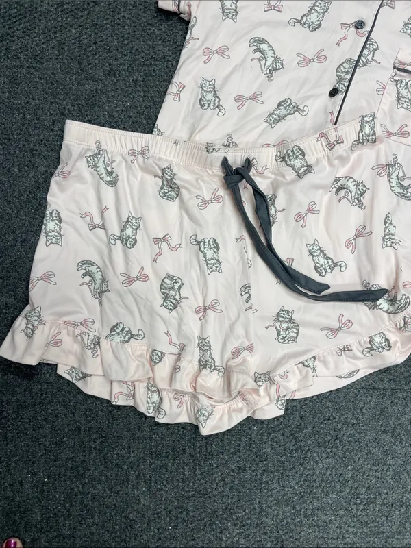 Womens Pink gray cat pajama sleepwear set short sleeve short size XL kitty - Image 2