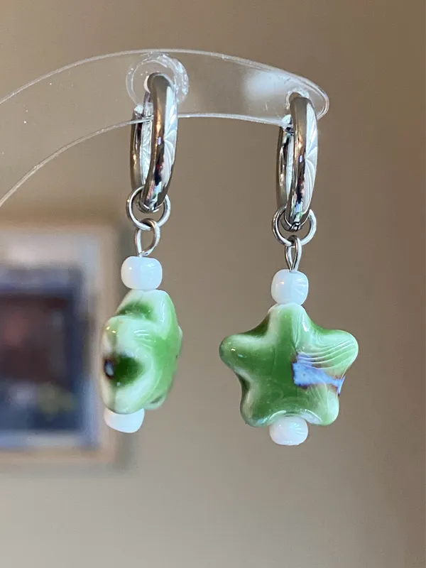 Handmade green ceramic star boho fairy cottage y2k hoop earrings⭐️💚 - Image 7