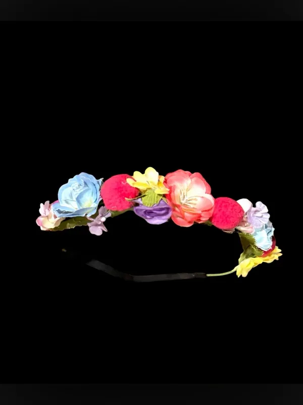 Floral Headband with Colorful Fabric Faux Flowers & Pom-Poms NWOT - Image 3
