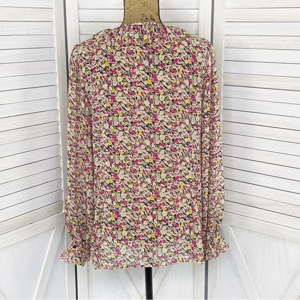 Loft Ann Taylor Ruffle Trim Tie Neck Floral‎ Chiffon Blouse Large Beige Pink - Image 4