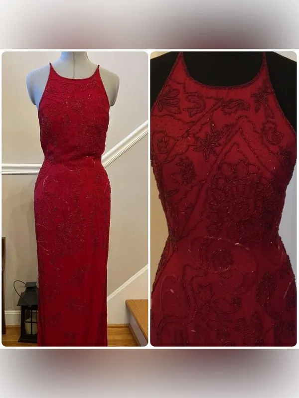 Vintage Blushe Impressions Red Beaded Maxi Gown Open Back Crossover Dress Size 6 - Image 2