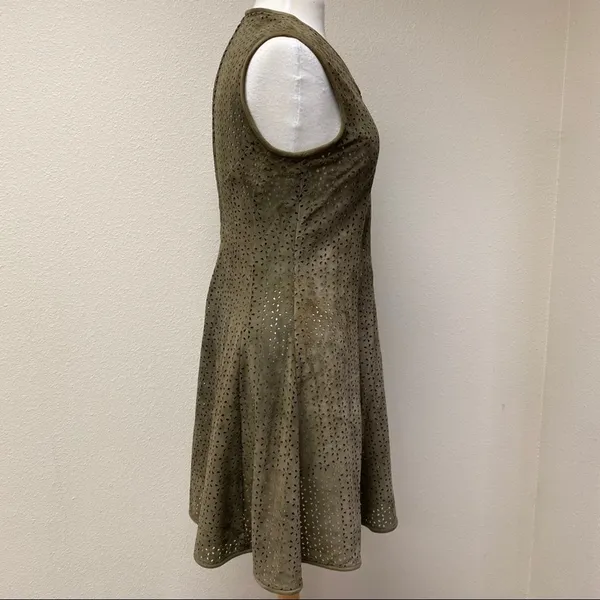 Olive Green Laser Cut Faux Suede Fit & Flare Dress Small - Image 3