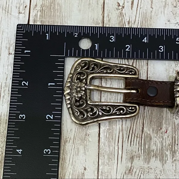 Justin Boots Brown Leather Silver tone Flower Conch Western Belt Size 35 - Image 5