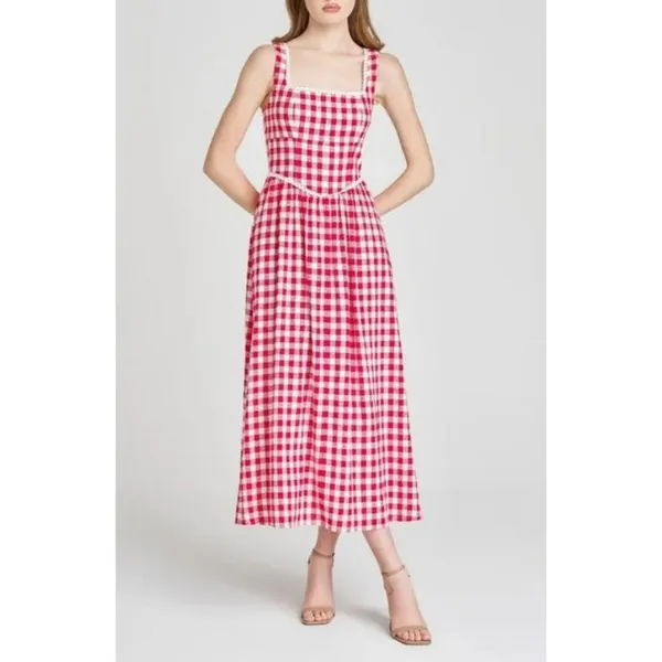 💕WAYF x Styled Coco!💕 Gracie Gingham Linen-Blend Midi Dress Red Gingham XL NWT - Image 7