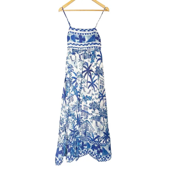 Farm Rio Sweet Blue White Tropical Coastal Beach Print Resort Vacation Dress L - Image 4