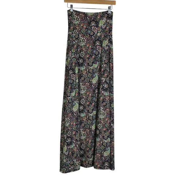 LuLaRoe Paisley Print Maxi Skirt Navy Blue Pink Green Boho Flounce Size XXS - Image 2
