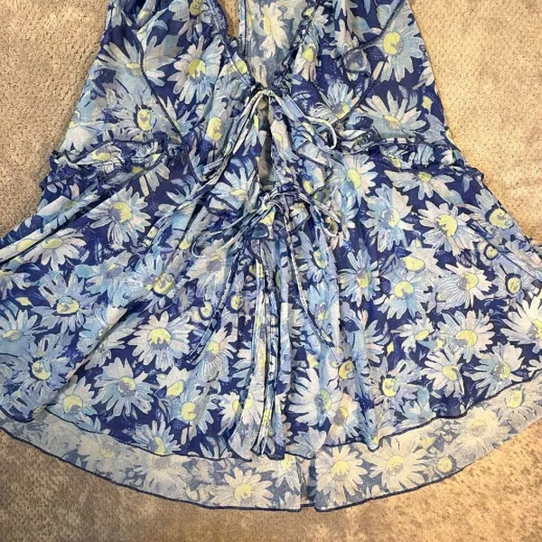 Free People Fearless Tank Blouse Blue Floral Ruffle Tie Front Sheer Peplum Med # - Image 5