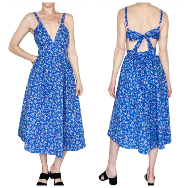 Mable Blue & Pink Floral Cottage Open Back Sleeveless Midi Dress - Image 2