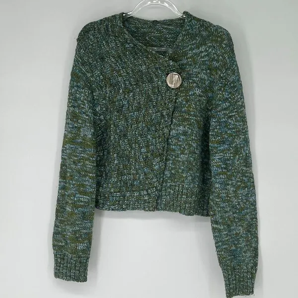 ONE GIRL WHO Sweater Women's M/L‎ Green Blue Flecked Ribbed One Button Cardigan - Image 3