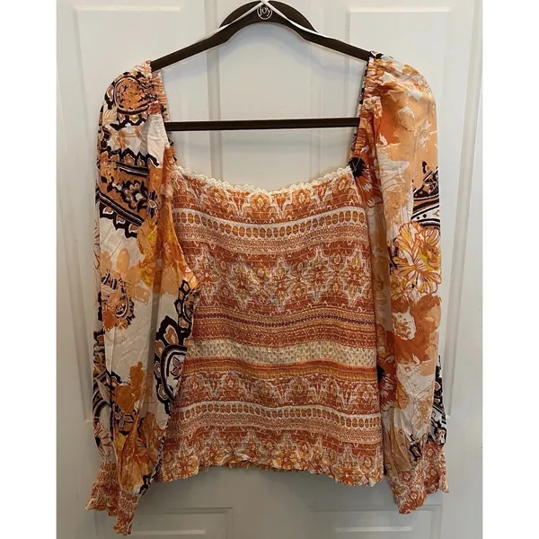 Cato‎ Orange Floral Smocked Crop Balloon Sleeve Top Boho Festival Womens 18/20 - Image 2