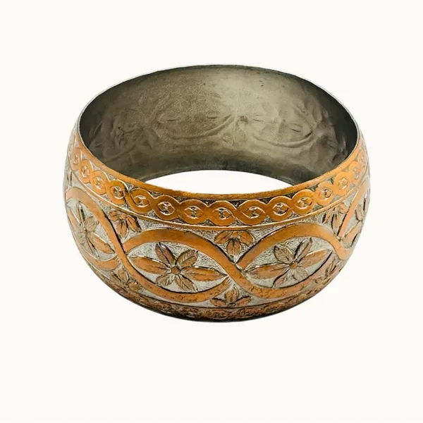 Vintage Etched Wide Bangle Bracelet Floral Scroll Copper and Silver Tone - Image 6